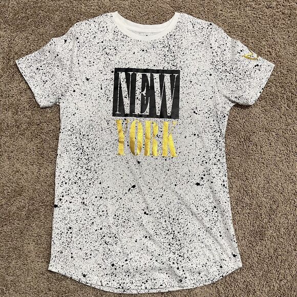 New York Shirt Men Medium White Gold Dalmatian Splatter NYC Upstanders Slim Fit - Picture 1 of 9